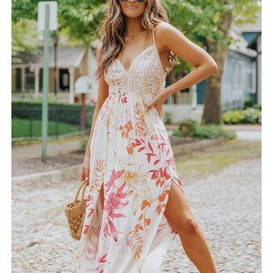 Peachy Coral Floral Maxi Dress Crochet Lace Split Hem
